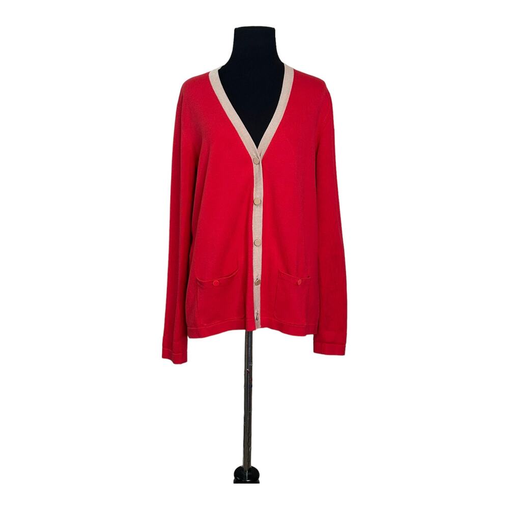Jones New York red cream trim long sleeves buttoned cardigan size M
